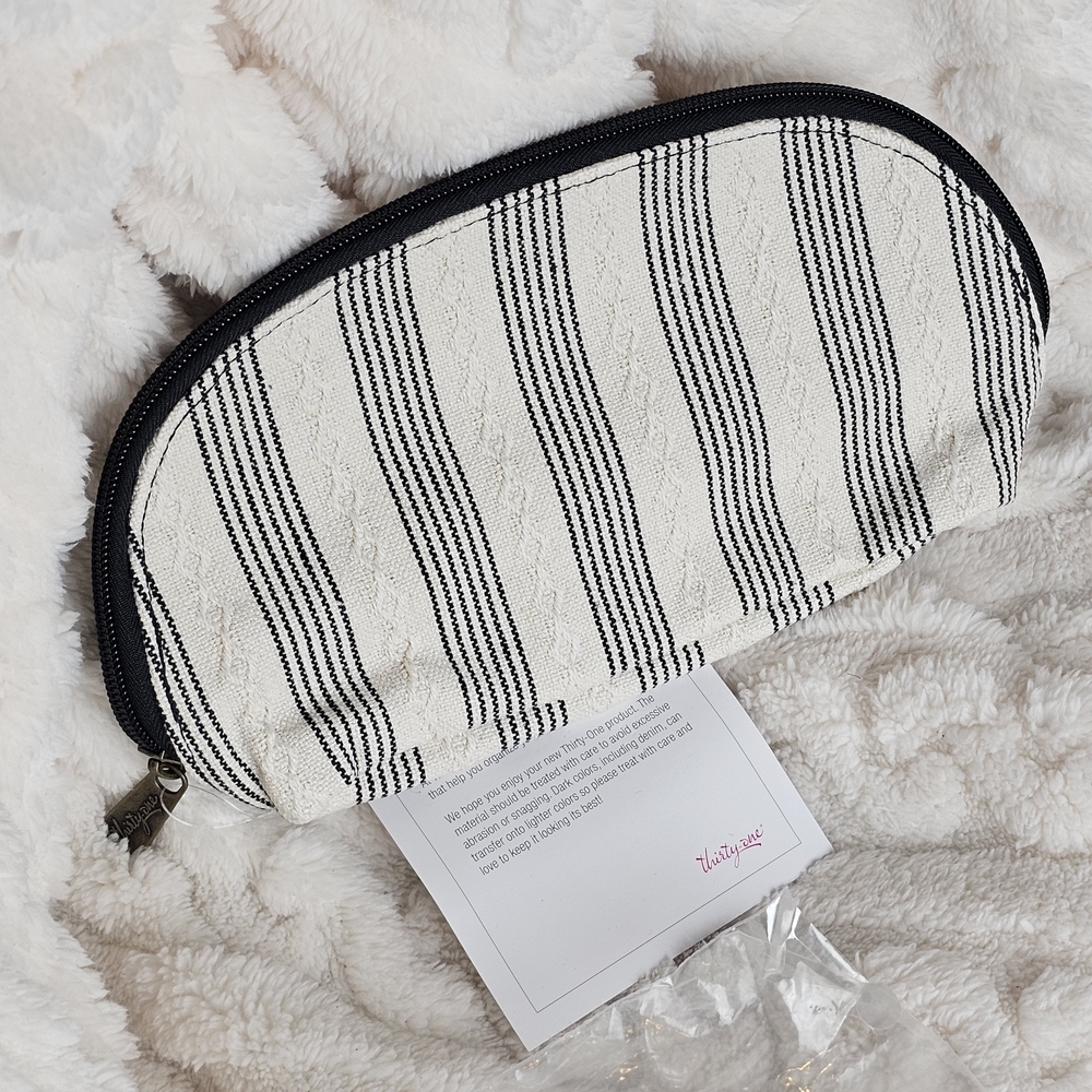 Thirty-One In Stitches Half Moon Cream and Black Striped Zippered Pouch New